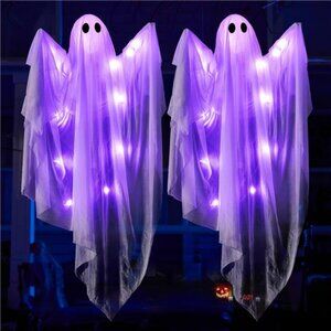 47” Halloween Hanging Light up Ghost Decoration Outdoor with Purple LED